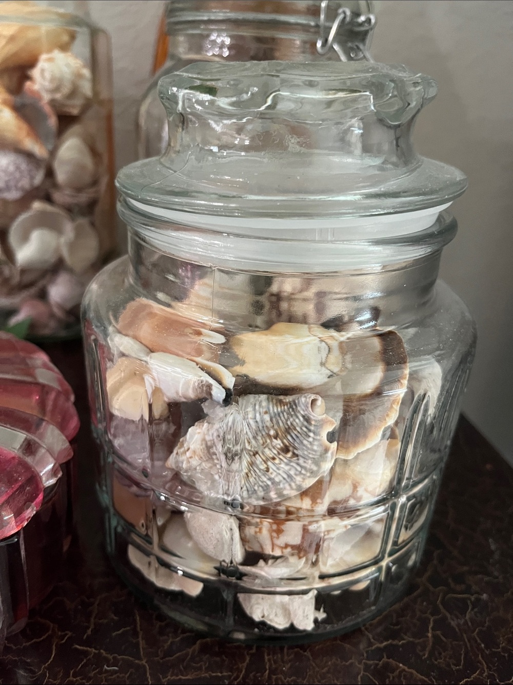 Vintage Pressed Glass Covered Jar full of Shells Coastal Decor